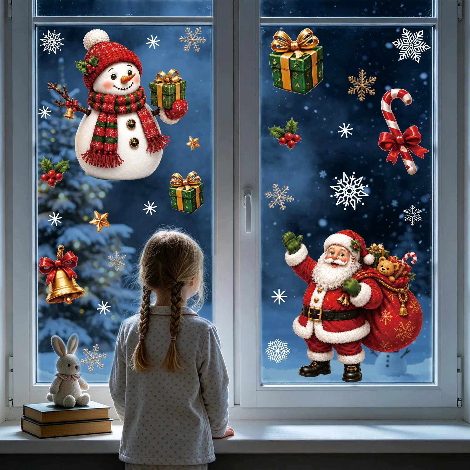 Christmas Static Cling Glass Stickers, Gift Box Snowman Snowflake Santa Claus Decals for Holiday Window Decoration Supplies