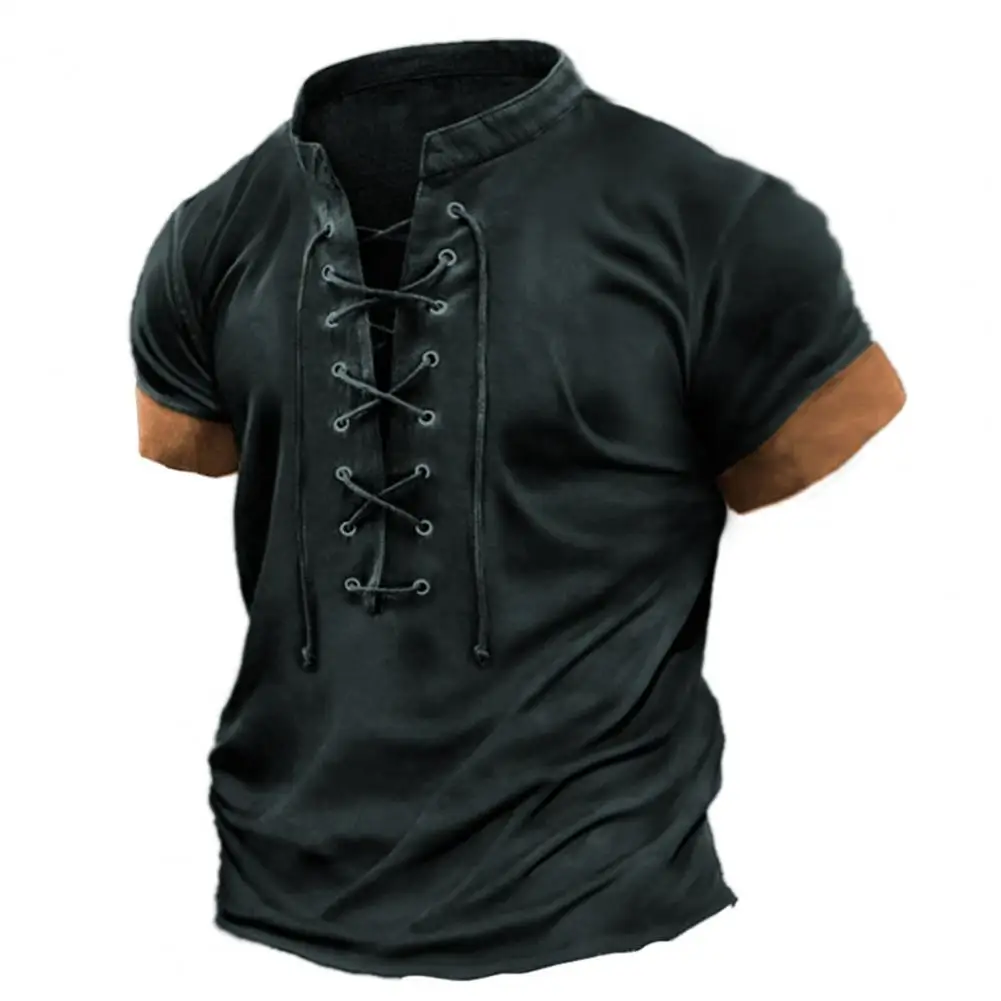 Men's Tops Retro Casual Short Sleeve Vintage Good Craftsmanship Daily Wear Polyester Lace-Up Men's Summer T-Shirt Summer Supply