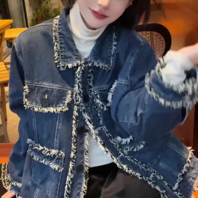 

Korean Oversized Denim Jacket with Fringe Detail - Distressed Raw Edge Blazer