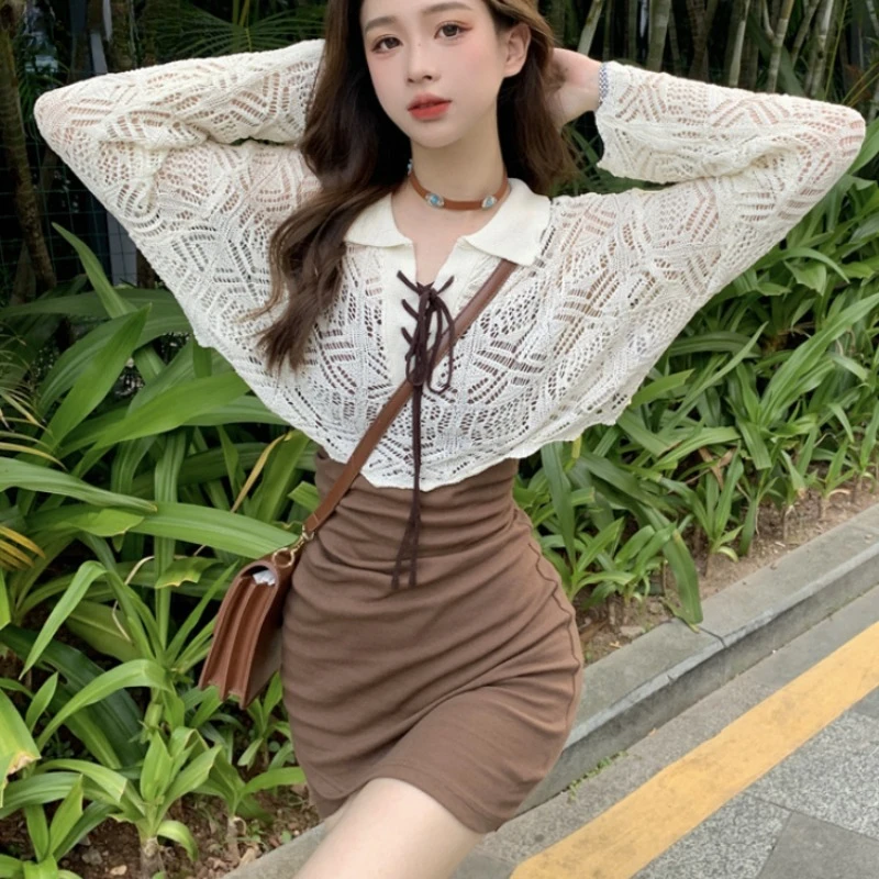 Women Sets Spaghetti Strap Hip-covering Dress Lace-up Hollow Out Top 2pcs Korean Fashion Sweet Spicy Girls Popular Streetwear