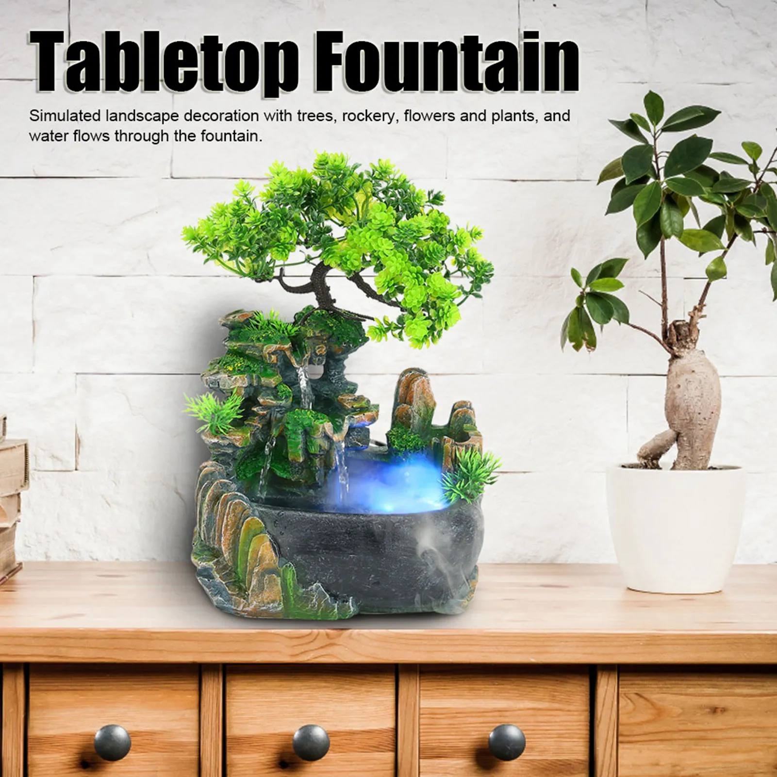 

Garden Decoration Small Rockery with Spray Fountain Waterfall Fog Atomizer Green Plant Decoration Tabletop Fountain