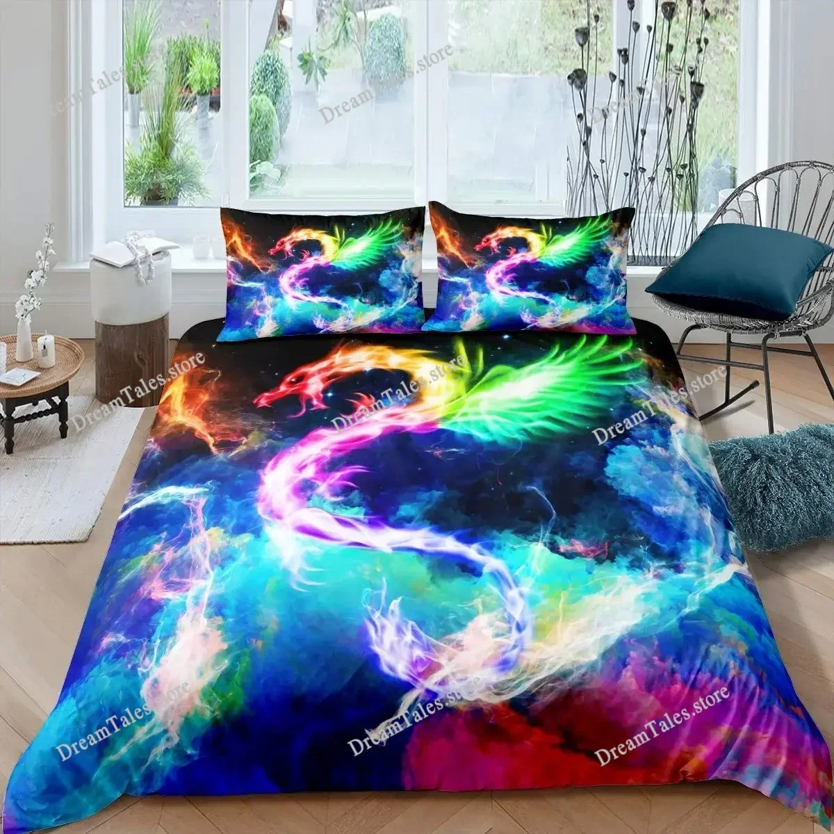 

Boys Dragon Comforter Cover Queen Queen Full Size Colorful Dragon with Wing Bedding Set Trippy Magical Animal Duvet Cover Set