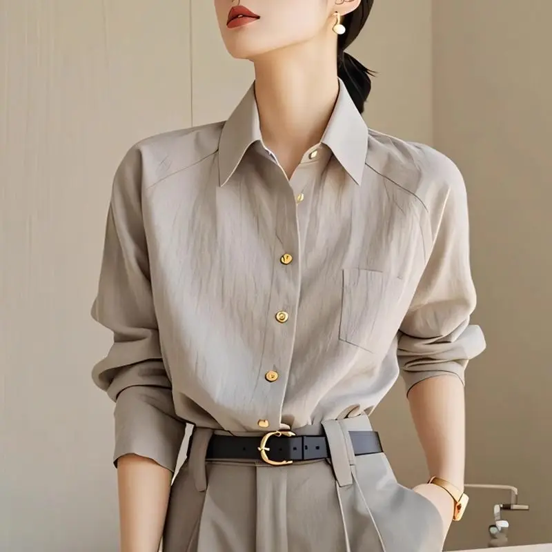 French Style Minimalist Versatile Gray Polo Collar Long Sleeved Shirt Autumn New Fashion Casual Elegant High Quality Women's Top