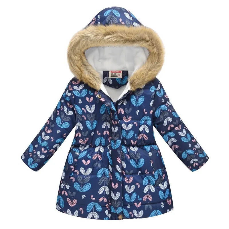 Kids Girls Medium Long Styles Hooded Down Jacket Artificial Fur Collar Coat Winter Add Velvet Printing Outerwear Christmas Gift