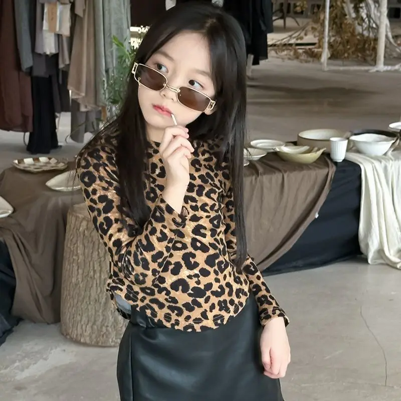 Autumn Girls' Leopard Print Short T-Shirt Long Sleeve Trendy Base Shirt Sweet and Cool Girl Versatile Top Soft and Skin-Friendly