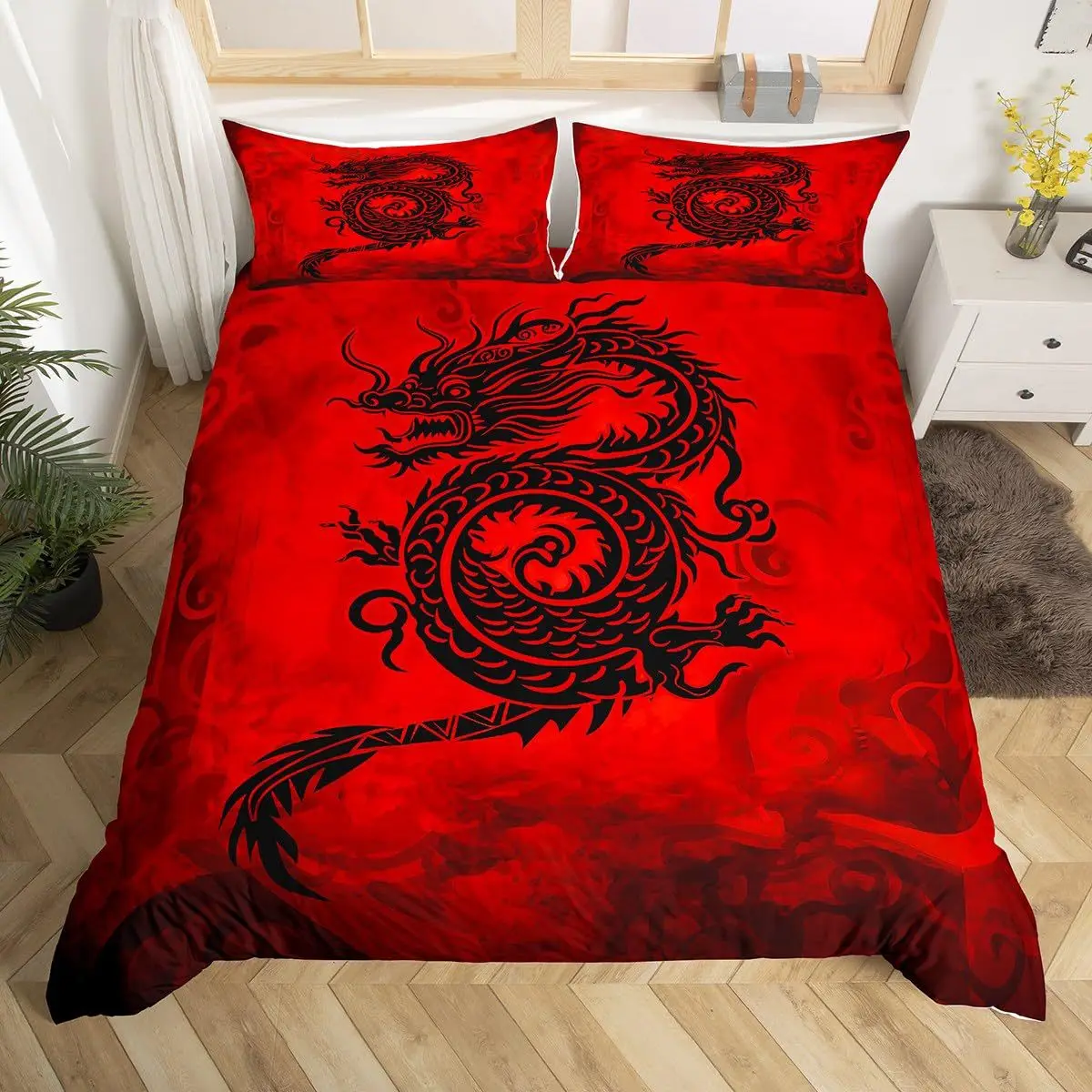 Red Black Dragon Printed Duvet Cover Sets Queen Chinese Dragon Pattern Bedding Set 3 Pieces Comforter Cover Sets Bedroom Decor