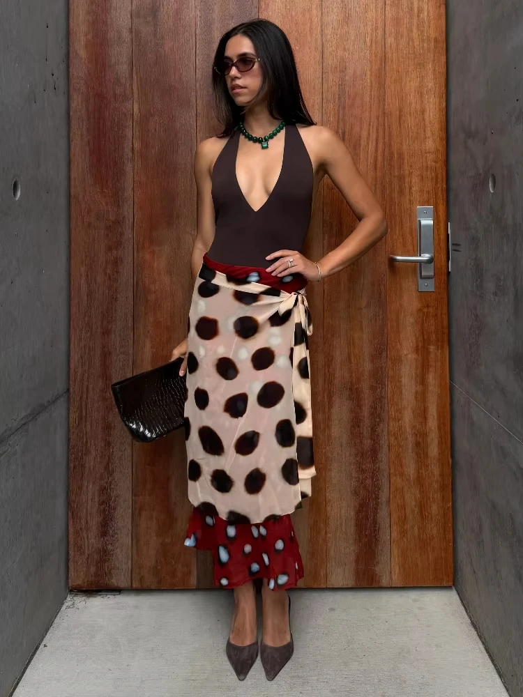 High Waist Wrap Tie Midi Skirt Contrast Leopard Print Flowy Irregular Hem Chiffon Skirts 2026 Summer Elegant Vacation Chic Wear