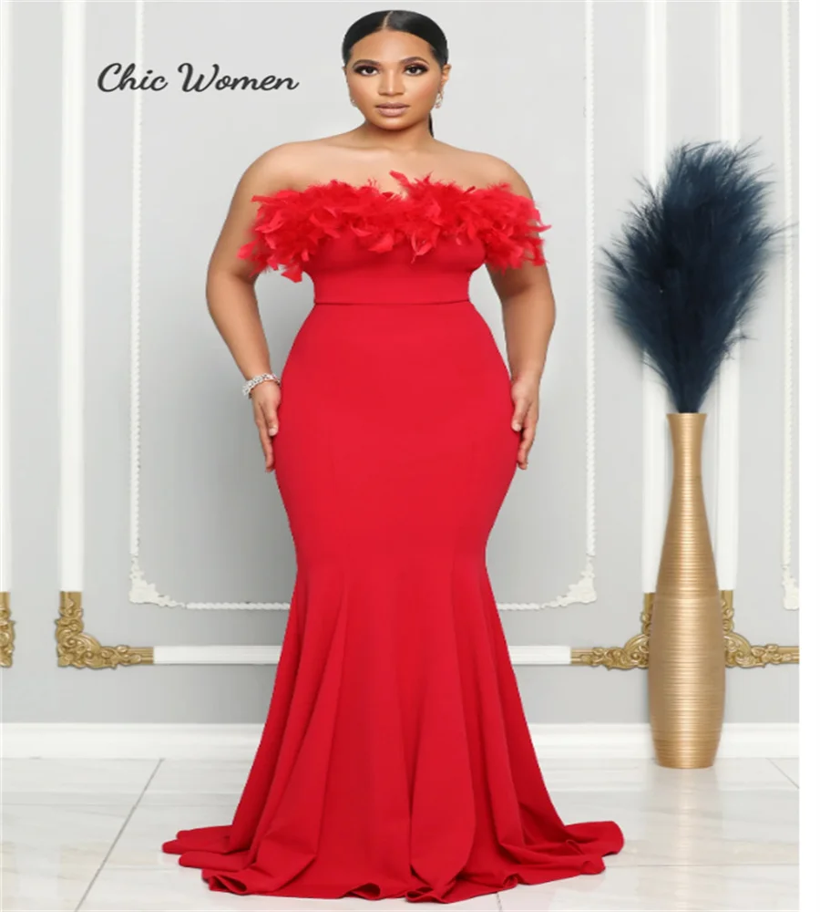 

Plus Size Feather Red Prom Dress Sexy Strapless Mermaid Evening Gowns Floor Length Women Formal Ceremony Party Dress Custom