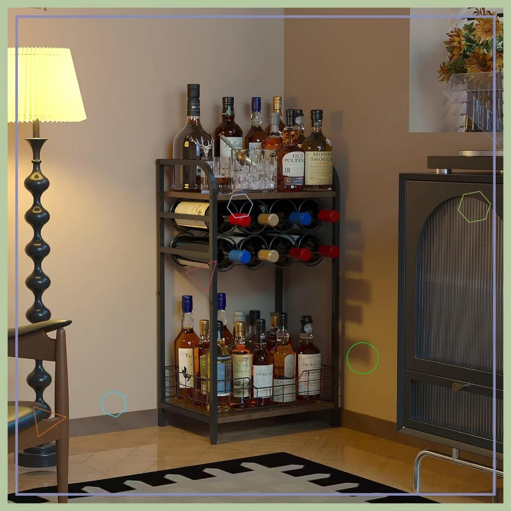 

3-уровневый стол для винного бара со стойкой для 8 бутылок, мини-шкафом для витрины для виски и хранения в гостиной