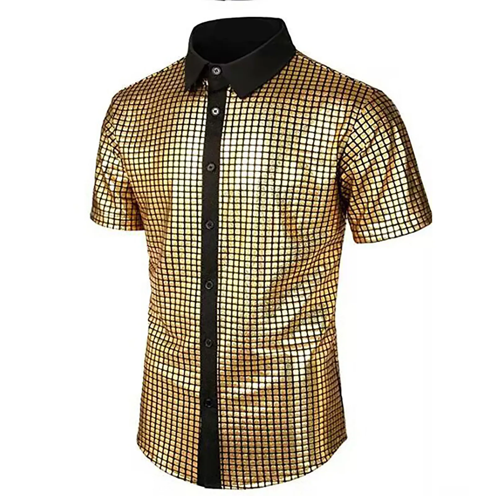 

Men's Fashion Shirt Spring And Summer Casual Short-Sleeved Lapel With Buttons Printed Blouse Sequins Buckle Outwear Shirt