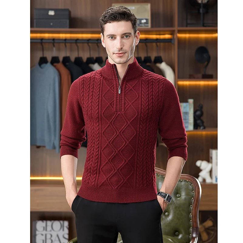 เสื้อสเวตเตอร์ผู้ชายแฟชั่นใหม่ แนวหนา ปี 2025 แฟชั่นฤดูหนาว คอตั้ง ถักลาย Argyle แขนยาว อุ่น ซิป