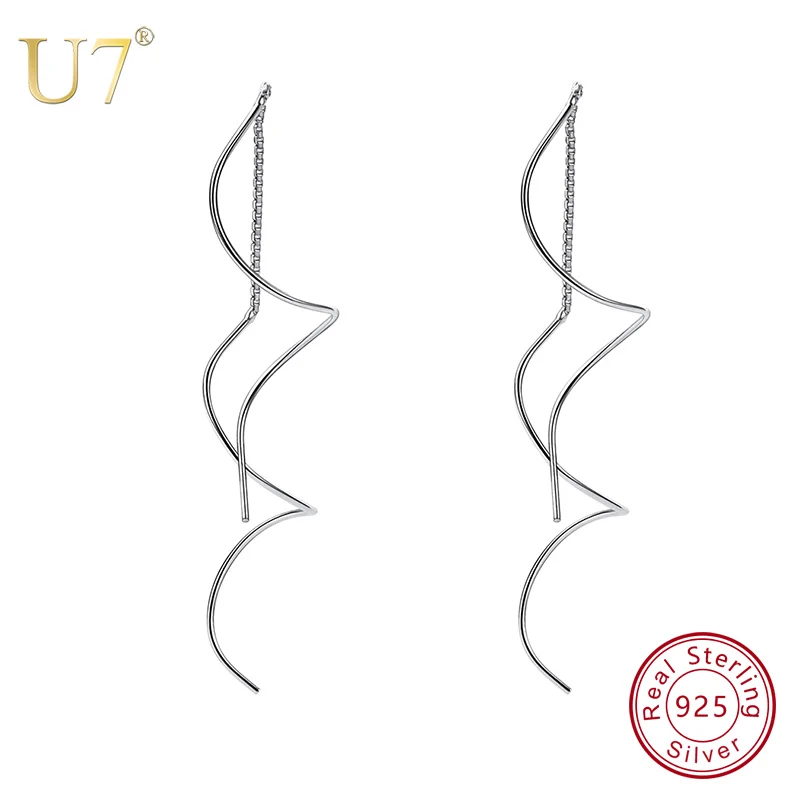 

U7 Lustrous 925 Sterling Silver Interwoven Lines Tessels Dangle Earring for Woman Wave Elegant Daily Jewelry