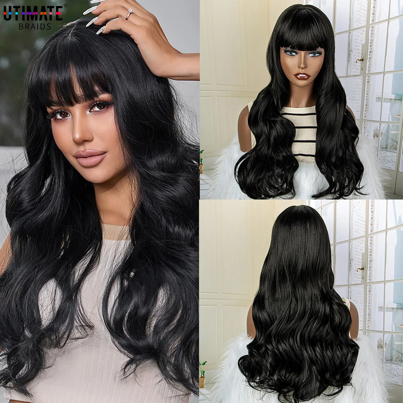 Body Wave Synthetic Wigs Cosplay Wigs for Women Natural Black Wigs with Bangs Glueless Wig