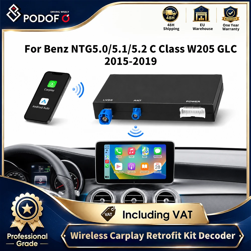 Podofo Kabelloser CarPlay Android Auto Adapter für Benz NTG5.0/5.1/5.2 C-Klasse W205 GLC 2015 BT GPS-Navigation Sprachsteuerung