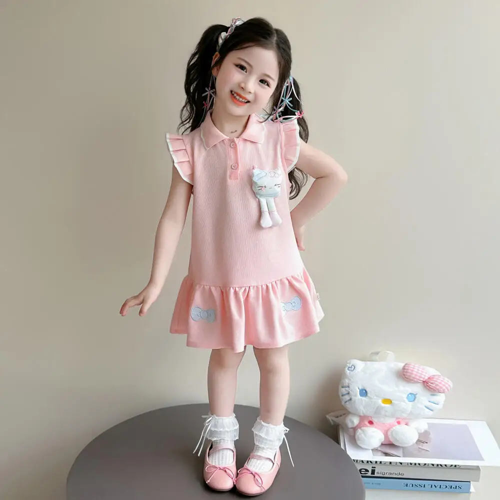 

Sanrio Hello Kitty Girls Summer Polo Neck Fly Sleeve Dress 2026 New Baby Cartoon Short Sleeve Sweet Princess Dress Kawaii