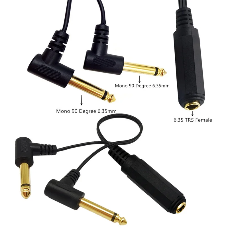 6,35 mm żeński TRS Stereo do podwójnego 2 x 6,35 mm męski TS Mono 90 stopni Kąt prosty Y Rozgałęźnik Kabel audio 0,25 m