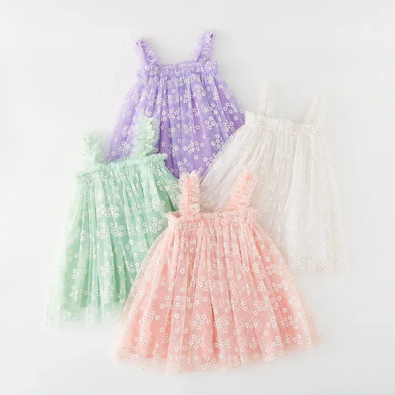 

Casual Golden Flowers Girls Suspender Dress 2023 Summer Sweet Baby Birthday Dress Children's Pastoral Photo Mesh Princess Dress