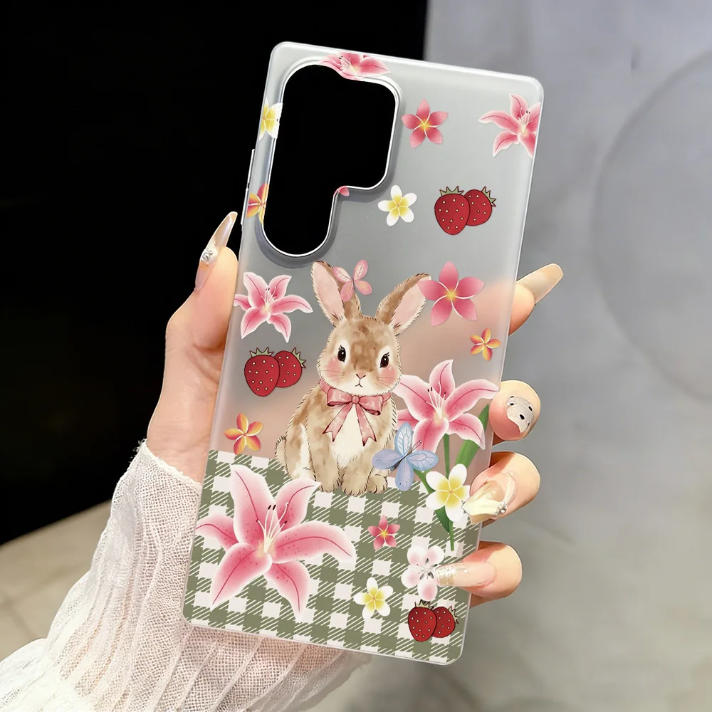 Cute Rabbit Matte Transparent Phone Case For Samsung A07 A57 A17 A56 S26 S25 S24 S23 S26 Ultra FE A16 A37 A27 Clear Flower Cover