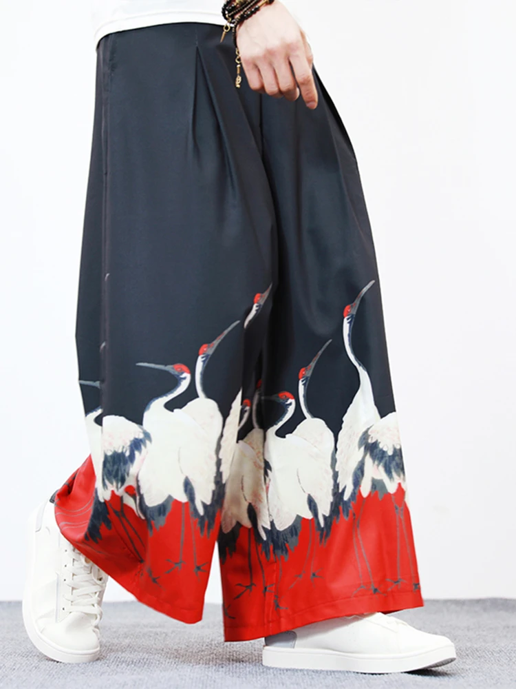 

Мужские летние тонкие брюки из ледяного шелка с широкими штанинами, свободного кроя, с принтом, прямые, на резинке, с охлаждающим эффектом, в стиле Ханьфу/Тан