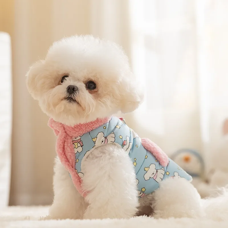 

Dog Winter Puffer Jacket Warm Quilted Coat Sherpa Fleece High Neck Two Leg With D Rings Harness Leash Hole Printed Puppy Clothes