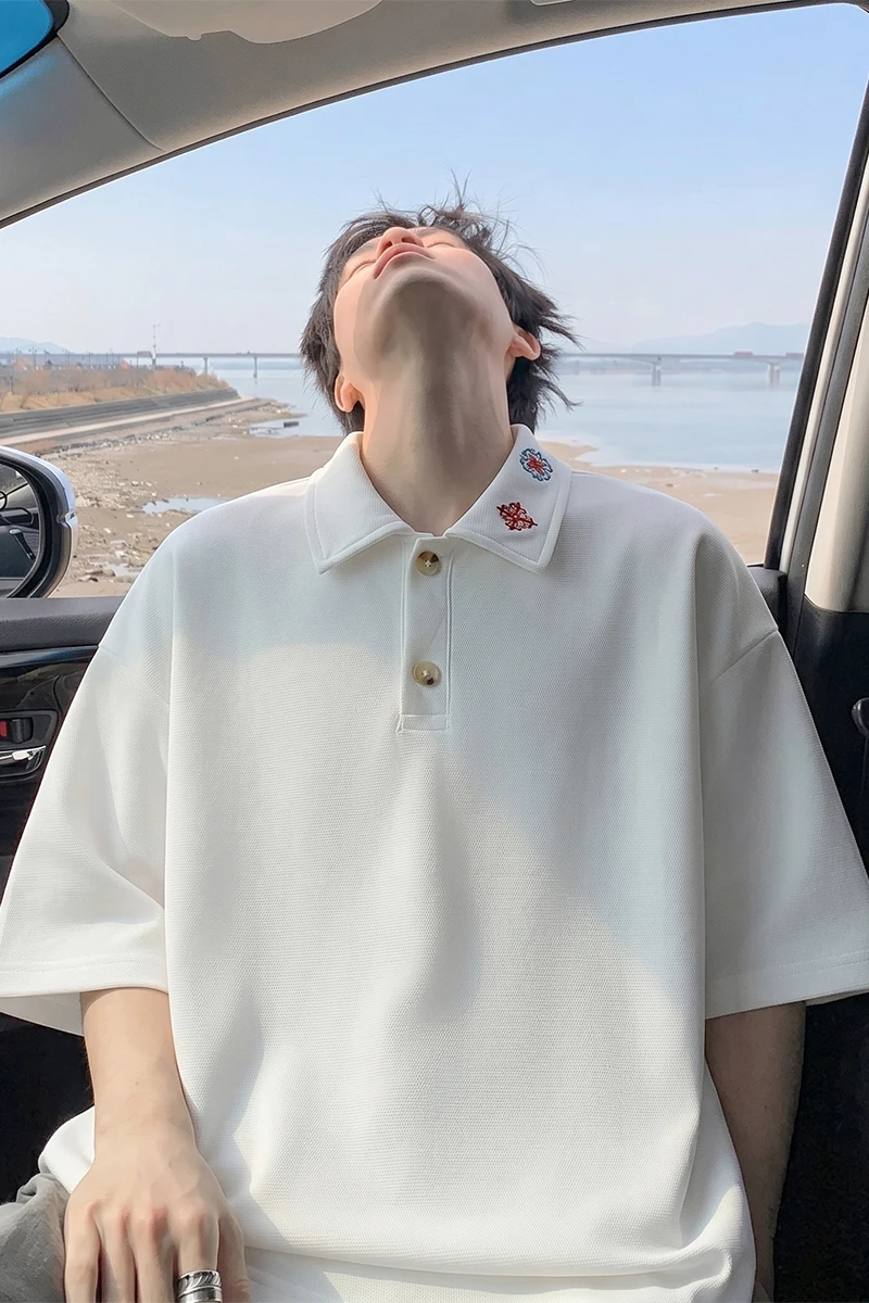 2026 model summer new style men's embroidered polo collar short-sleeved T-shirt, casual summer loose-fitting casual collar top j