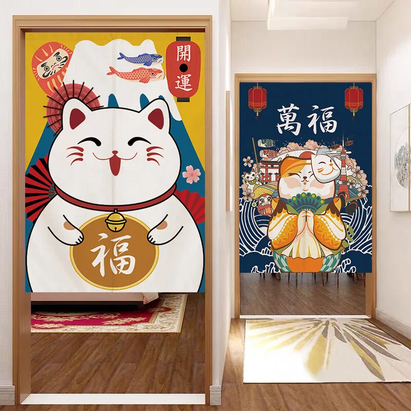 VIKAMA Japanese Maneki-neko Lucky Cat Door Curtain Kitchen & Bathroom Privacy Screen Bedroom Room Divider Home Decor