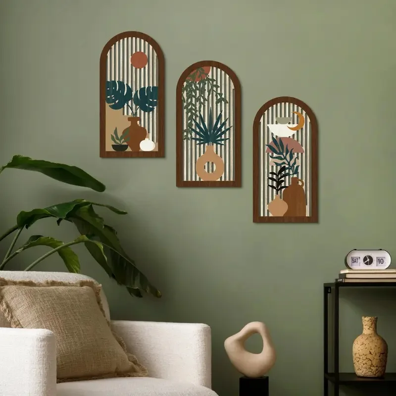 3 Stück Wandkunst aus Holz, Boho, modernes Dekor, hohl, hergestellt mit Vasen, Pflanzen und Bananenblättern für das Heimbüro