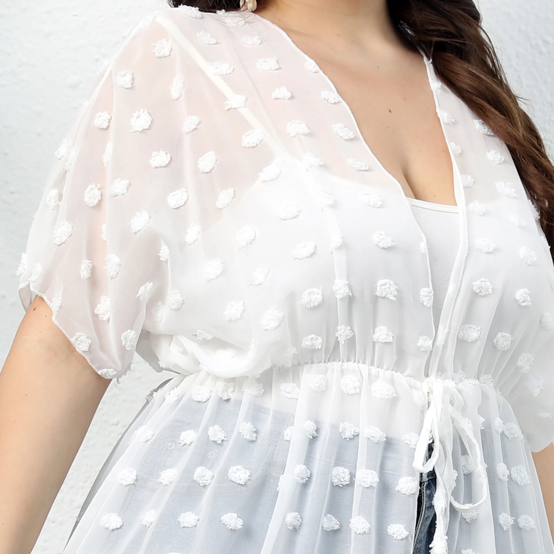 Vestido veraniego de talla grande para mujer, Kimono de gasa, Vestido largo de playa, cubierta de Bikini, estampado de puntos 3D, cintura ajustable con cordones