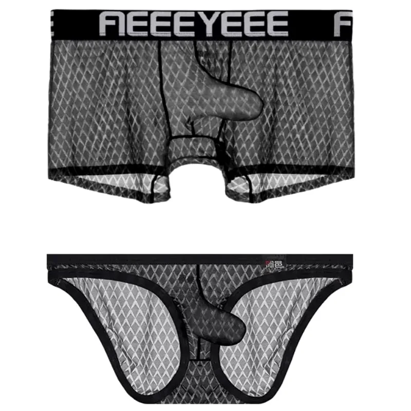 Elephant Nose Plaid Mens Underwear Sexy Transparent Shorts Boxers Thongs Mesh Men Briefs Panties Ultra-thin Breathable Lingerie