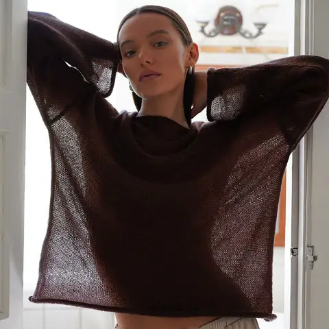 Talenza Hollow Knitted Sweater Pullover Women's Solid See-through O-Neck Long Sleeve Knitted T-Shirt Loose Casual Pullover 2026