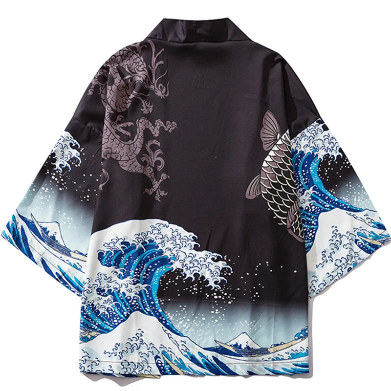 

Black Kimono Cardigan Unisex Japanese Wave Carp Printed Jacket Traditional Japanese Clothing