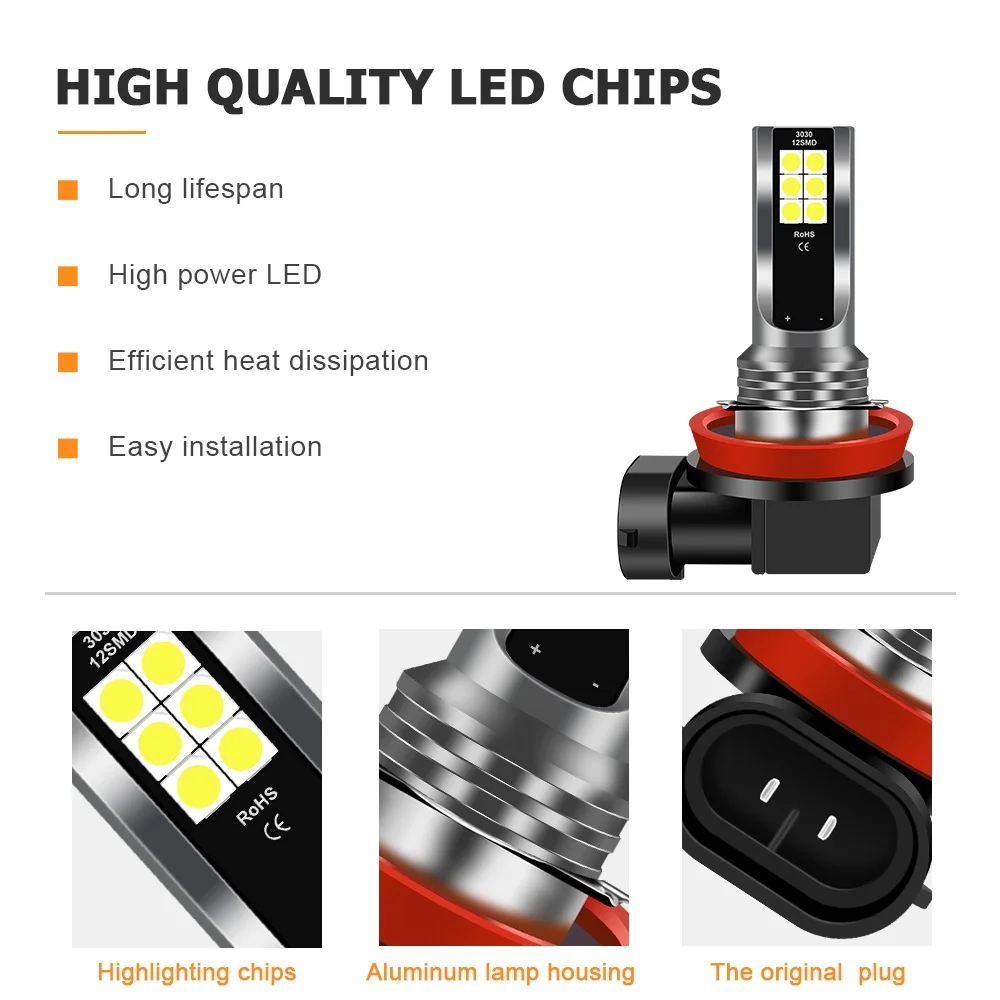 2Pcs H8 H3 H7 H11 Car 12 LED Fog Light Bulb 9005 HB3 9006 HB4 6000K White Yellow Ice Blue Auto Fog Lamp
