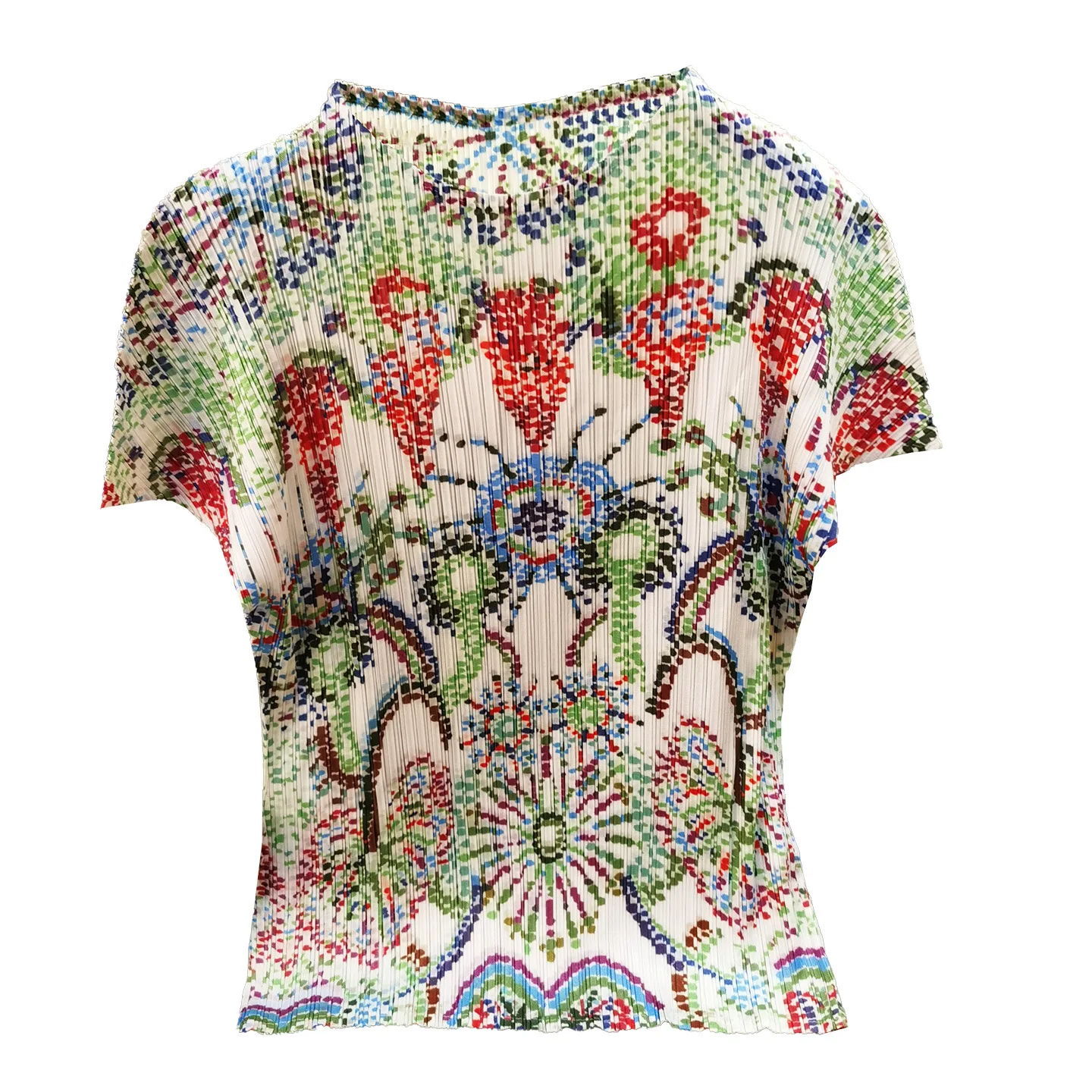 Miyake Pleated Summer 2025 Niche Ethnic Style Retro Printing T-shirt Female Simple Casual Versatile Foreign Short-sleeved Blouse