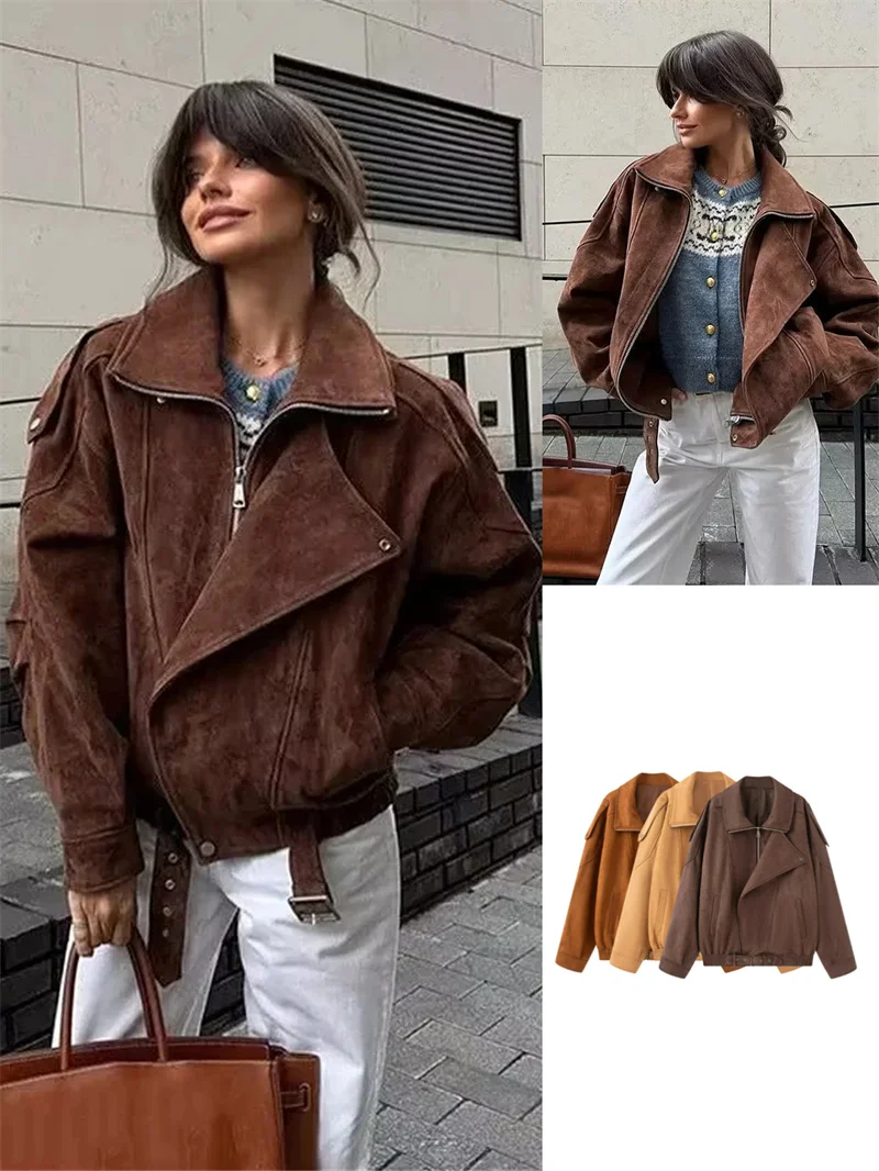 

Повседневное модное осеннее новое пальто на молнии с длинным светом и отложным воротником, женское бархатное пальто из кожи оленя