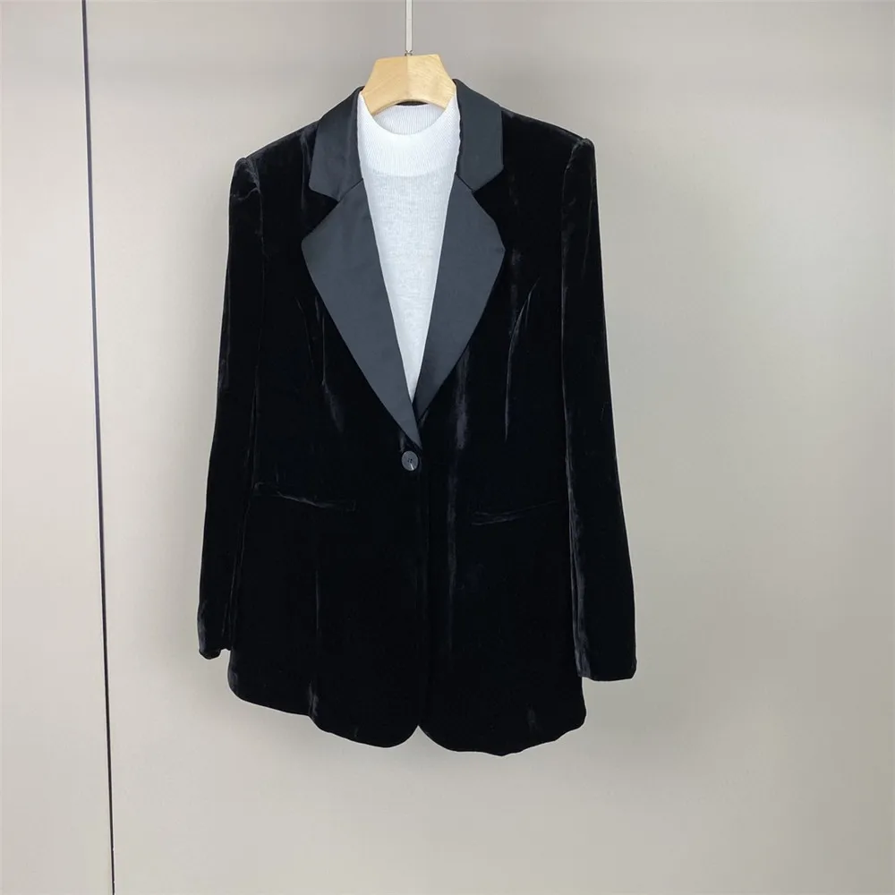 Autumn Women's Real Velvet Suit Jacket Long-Sleeved Loose Casual Black Blazer