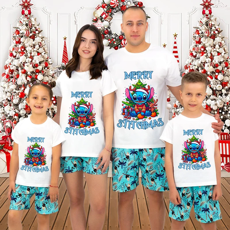 Merry Christmas stitch T-shirt Family Matching Outfits Dad and Mom kids holiday gift pure cotton short-sleeved white top