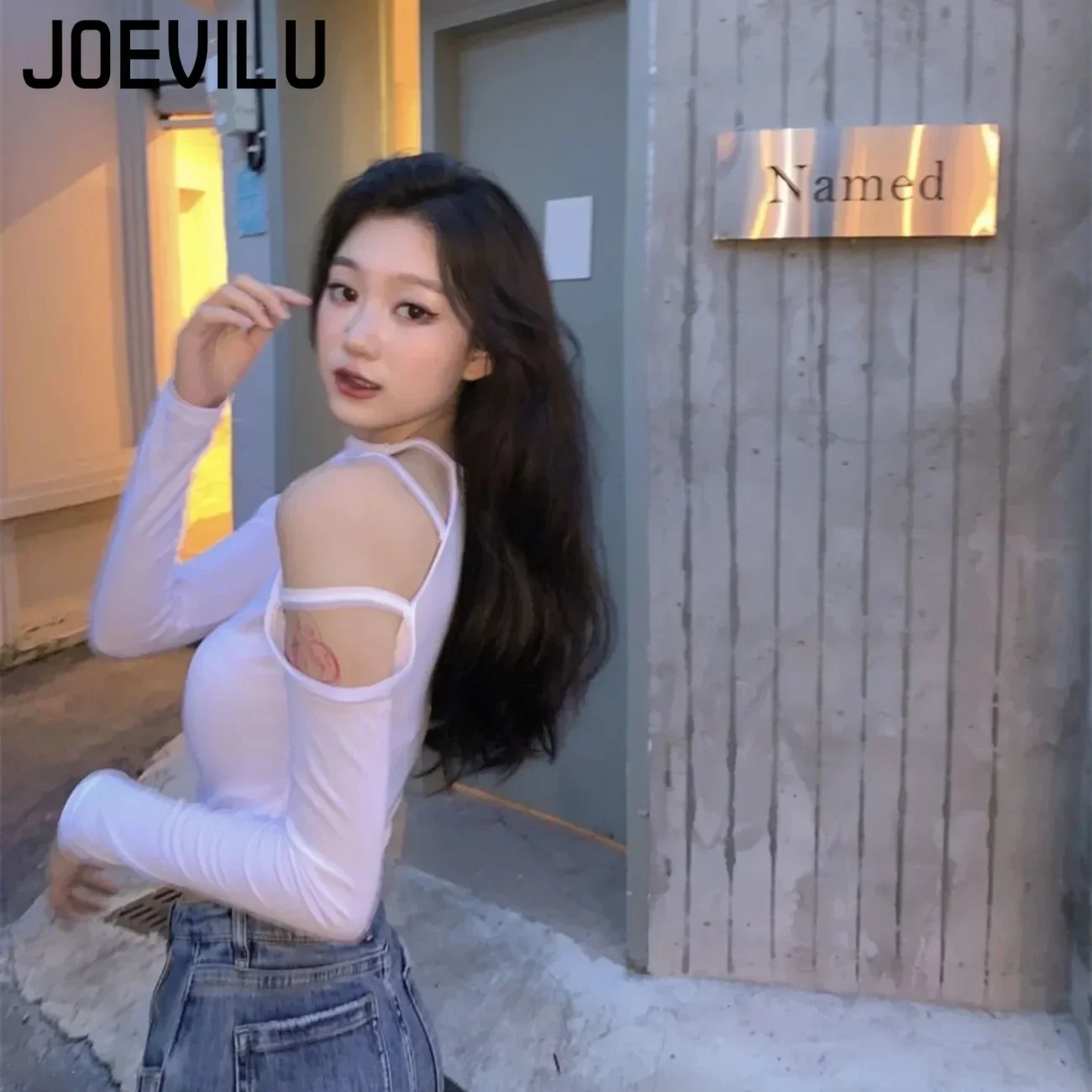 JOEVILU Holllow Out Crop Tops Off Shoulder Sexy Long Sleeve T-shirt Women's Korean Harajuku High Waisted Skinny Bottoming Shirts