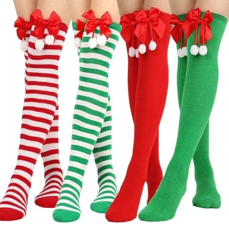 Natal meias quentes noite festa bola dos desenhos animados listrado meia cor sólida joelho sobre cosplay meia de férias