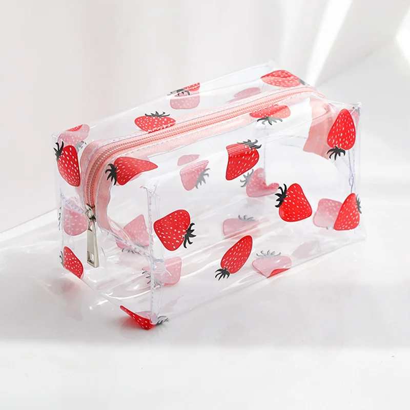 Clear PVC Strawberry Print Pencil Case, Large Capacity Iron Frame Makeup Bag for Students & Travel