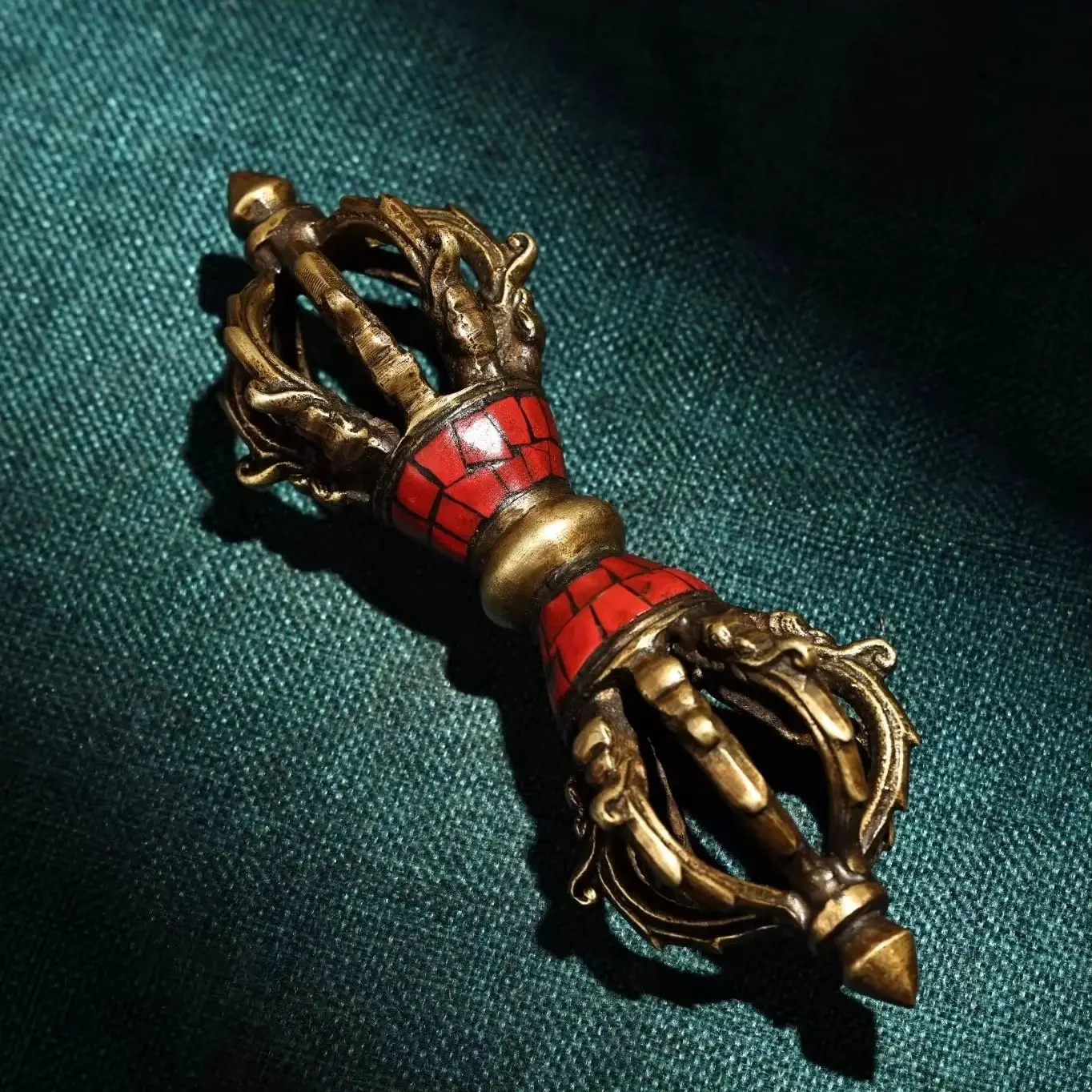 

6"Tibetan Temple Collection Old Bronze Turquoise Nine Shares Beast Head Dorje Vajra Phurpa Amulet Dharma Town House Exorcism
