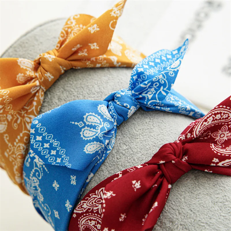 Vintage Boho Bow Headbands para Mulheres, Paisley Bandana, Flower Impresso Hairband, Headwear elástico, Envoltório de orelha de coelho