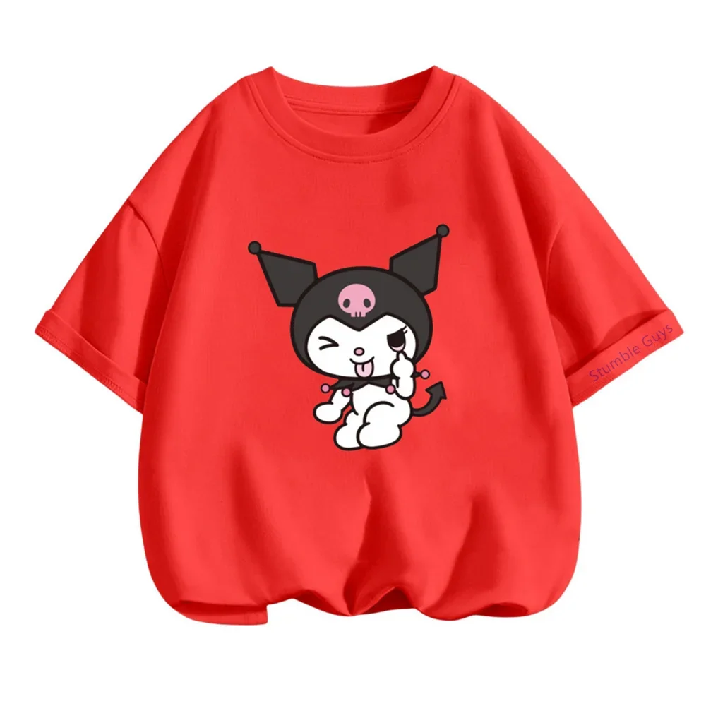 

Футболка с круглым вырезом Kawaii Kuromi для детей от 3 до 14 лет, летняя повседневная одежда Sanrio для мальчиков, футболка с аниме-принтом для девочек