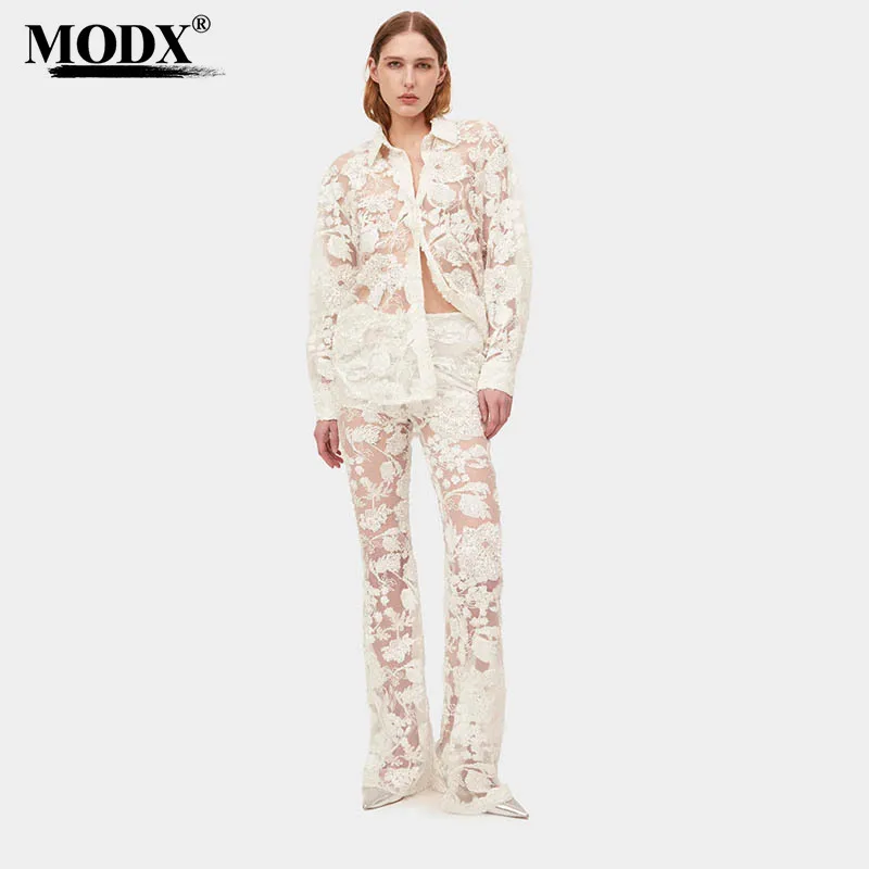 [MODX] 2025 Summer New Fashionable Embroidered Mesh Perspective Top+High Waist Straight Leg Pants