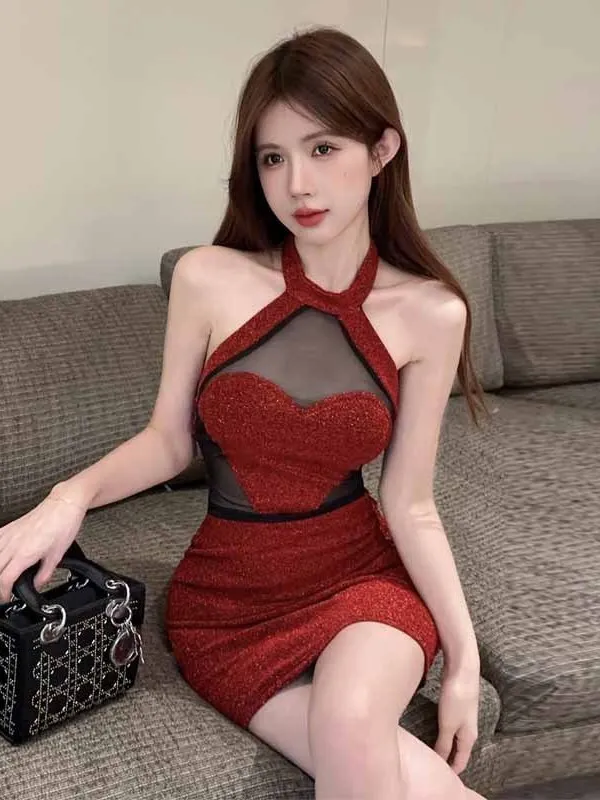 2024 Summer Spicy Girl Three-dimensional Heart Sheer Splicing Design Sense Hanging Neck Backless Slim Wrap Hip Short Dress A837