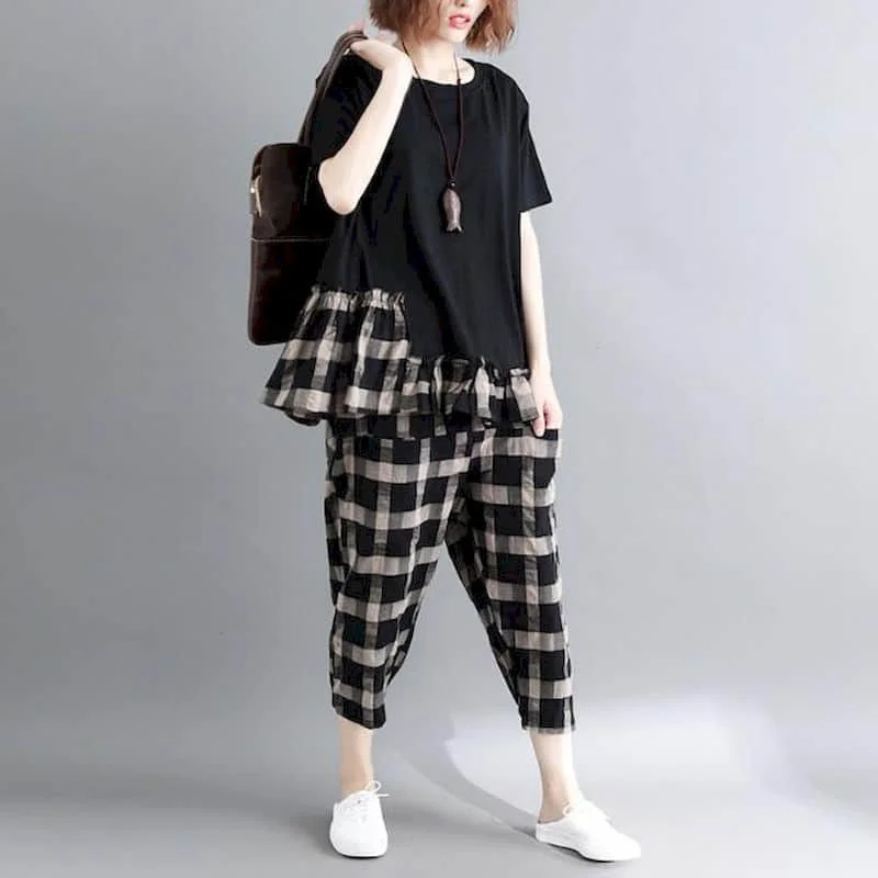 Cotton Linen Pants Sets Plaid Vintage O-Neck Shirt and Casual Harem Pants Oversized Korean Fashion Two Piece Sets Women Outfits