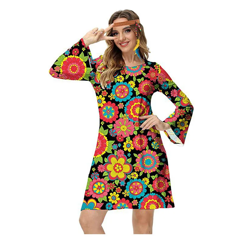 

Halloween hippie costume printed elastic dress for women's autumn new fashion dress