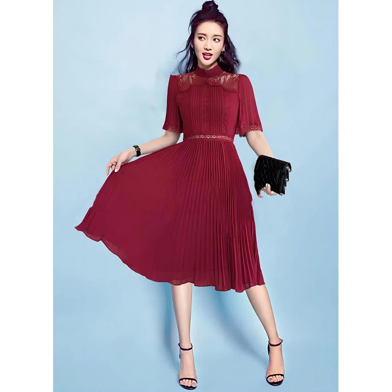 

Women Elegant Dress 2023 High Quality Runway Stand Collar Short Sleeves Glorious Lace Pleated Party Dresses Casual NP1750W