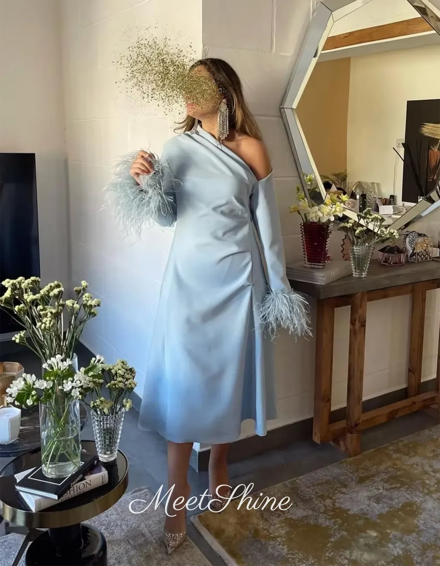 Vestido de fiesta de plumas de un hombro, azul cielo, mangas largas, vestidos de noche de alta calidad, vestido Formal de fiesta de boda personalizado