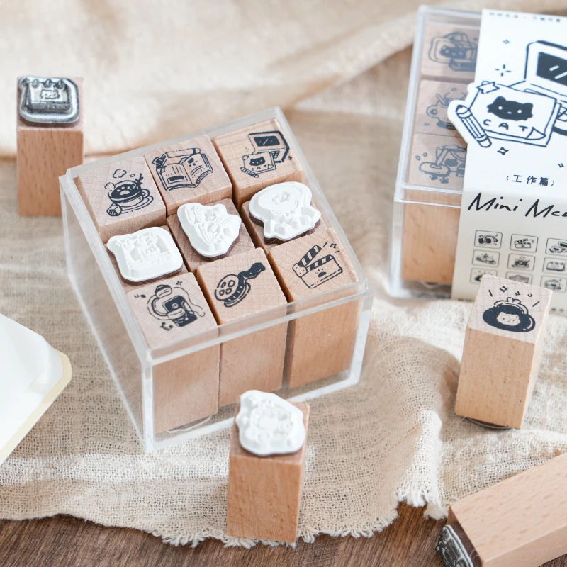 Journal GO 9pcs/set  Cute Little Cat Decoration Stamp Retro Wooden Rubber Stamps for Scrapbooking Collage Junk Journal Card diy