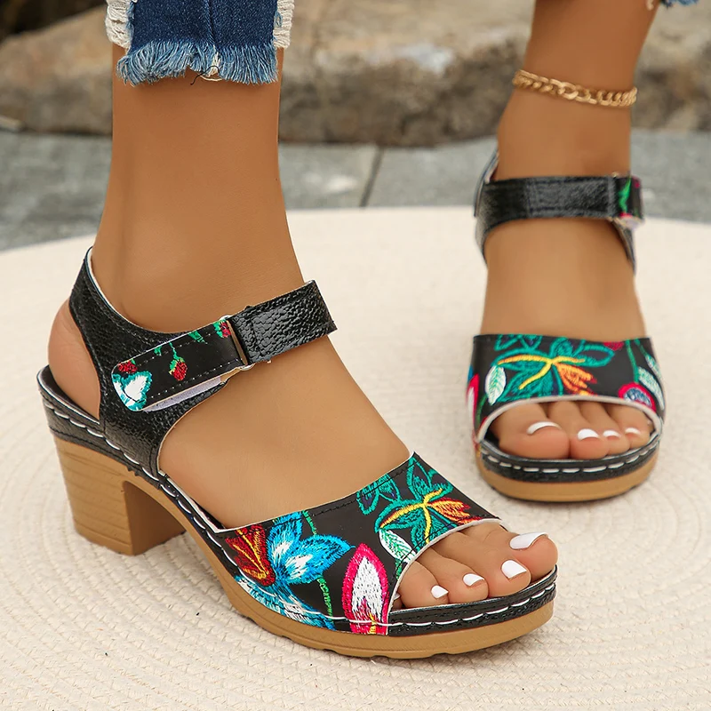 Floral Print High Heels Sandals for Women 2024 Summer Platform Gladiator Sandalias Mujer Lightweight Thick Heeled Sandles Woman